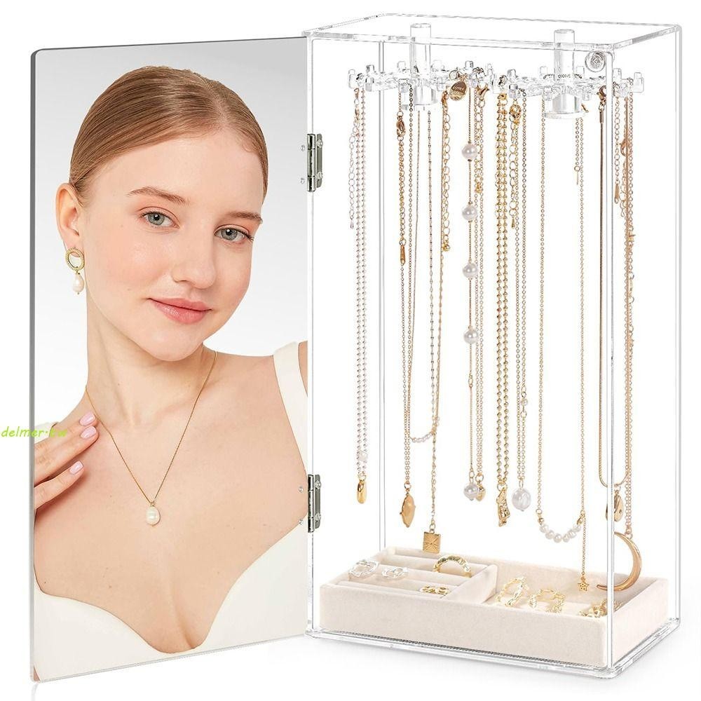 DELMER透明項鍊架,可旋轉多功能珠寶收納盒展示櫃,帶24個吊鉤防塵米色天鵝絨托盤珠寶收納架