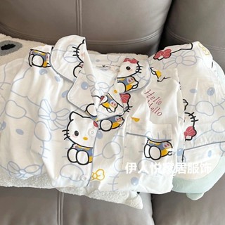 臺灣出貨 睡衣女夏天卡通可愛KT貓睡衣 短袖新款ins風學生居家服套裝棉質 睡衣 純棉卡通睡衣女 家居服兩件套SY