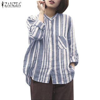 Zanzea 女式韓版休閒長袖口袋印花不規則條紋襯衫