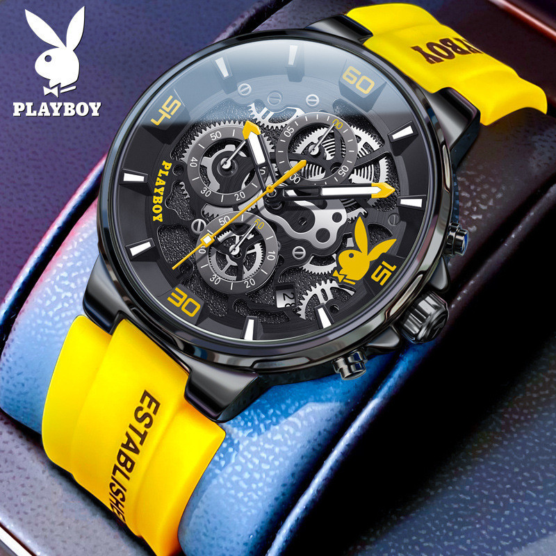 PLAYBOY 3063 新款膠帶 時尚潮流 石英錶 學生 休閒 防水 計時碼錶 機械錶 日曆 男士手錶