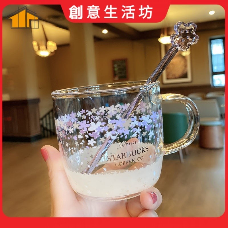 【創意生活】✨✨星巴克水杯 2020櫻花季浪漫櫻花款變色玻璃杯 帶攪拌棒 透明喝水冷變杯子