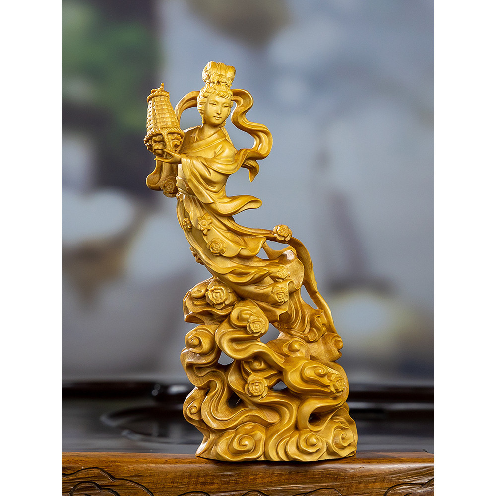 黃楊木雕美女天女散花新中式家居飾品擺件收藏神像實木裝飾工藝品