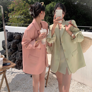 【臺灣現貨】新款韓版小西服外套氣質吊帶裙兩件套 有墊肩真口袋 馬卡龍色系 西裝翻領 寬鬆中長款西裝外套 洋裝套裝