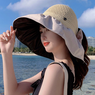 新款黑膠帽子女夏季防晒帽蝴蝶結遮陽UV漁夫帽