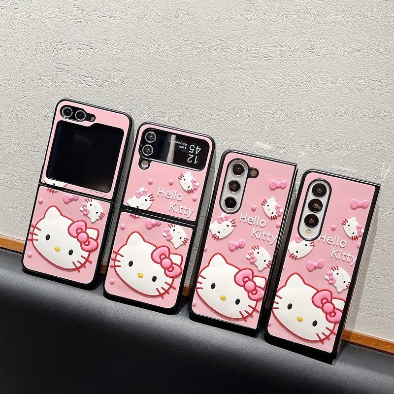 SAMSUNG 粉色 Hello Kitty 貓頭 3D 壓紋矽膠硬手機殼適用於三星 Galaxy Z Flip 5 4