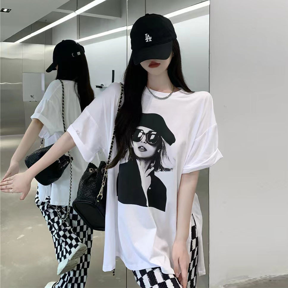 【SHINE GIRL】網紅炸街 套裝女 夏季新款中長款 開叉印花T恤+黑白格子 寬褲 兩件套