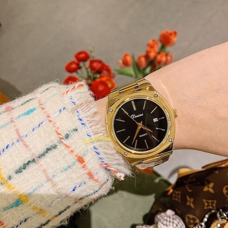 DIMINI不鏽鋼錶帶女士手錶  時尚簡約方形氣質黃金色鋼帶日曆復古女士石英手錶 88373
