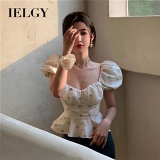 Ielgy 泡泡袖碎花襯衫女法式荷葉邊方領上衣