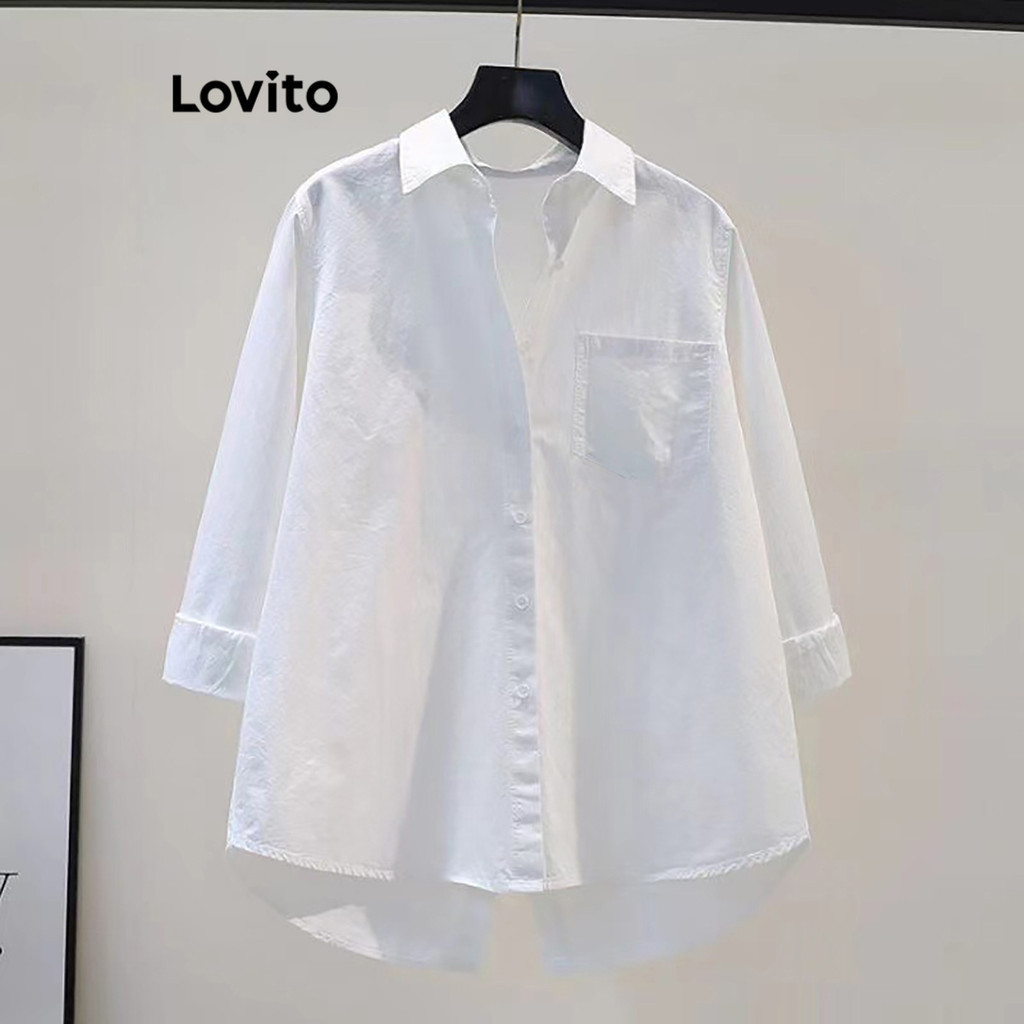 Lovito 女式休閒純色鈕扣正面結構線條襯衫 LNE29039 (玫紅色/白色)