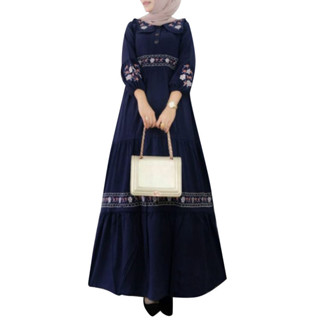 Hijabista 女士穆斯林時尚褶皺褶襉印花燈籠袖連衣裙