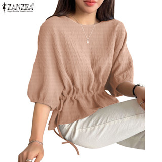 Zanzea 女式韓版休閒抽繩腰帶圓領短袖襯衫