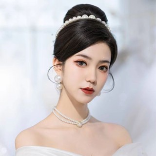 韓系新娘婚紗耳針套裝百搭可愛主頁飾品化妝造型珍珠項鍊小眾高級珍珠皇冠頭飾