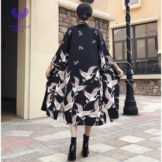 金羽毛仙鶴長款羽織 和服外套 黑色帥氣個性風 日式祭典和風和服外掛 寬鬆防曬外套 風 仙鶴長外套 🌸熱銷🌸