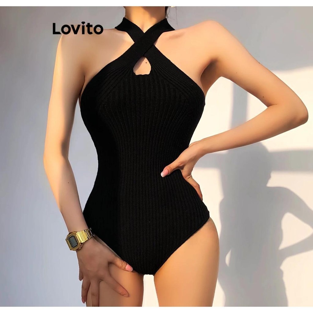 Lovito 女性感素色十字交叉連身衣 LNL43190