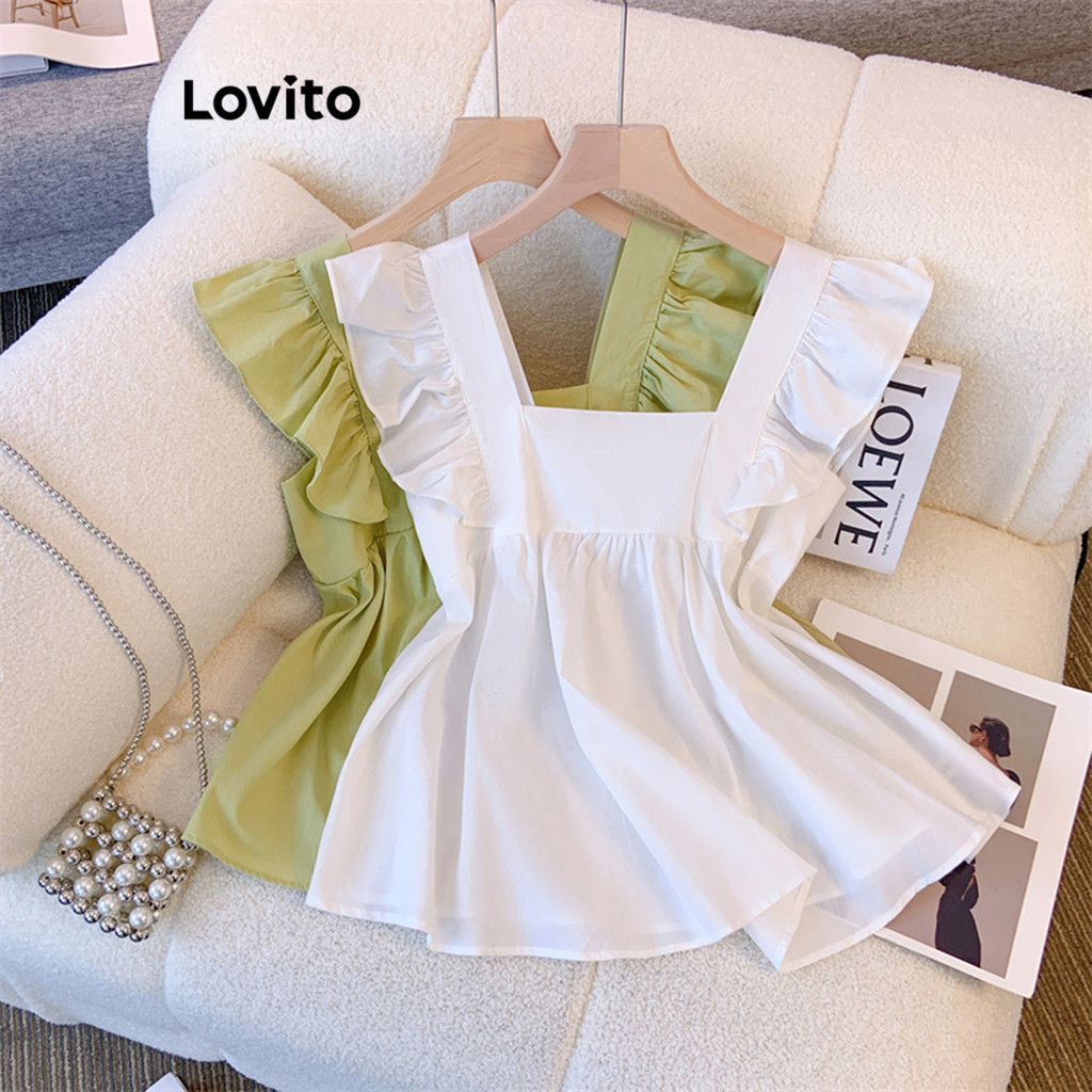 Lovito 女士休閒純色荷葉邊襯衫 LNE36228 (白色/綠色)