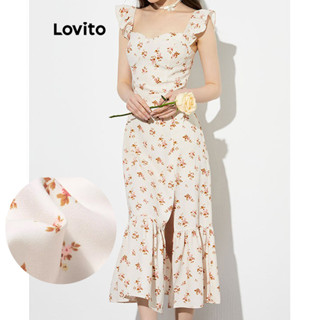 Lovito 女款休閒碎花開衩抽褶荷葉邊花朵洋裝 LNE49371