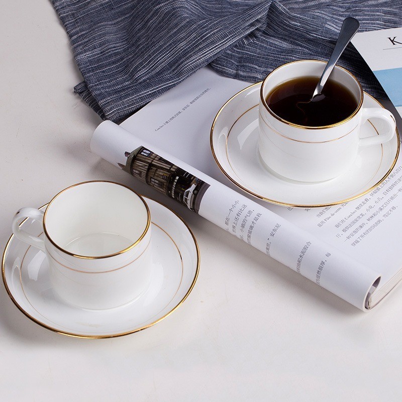 骨瓷咖啡杯 歐式小奢華簡約家用陶瓷咖啡杯碟套裝 純白描金下午茶具 咖啡杯 茶杯 茶具 陶瓷咖啡杯