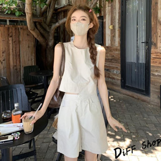 【現貨速發】 【DIFF】韓版氣質文青風修身顯瘦無袖上衣+短褲 套裝 女裝 顯瘦上衣 衣服 寬鬆上衣 背心 短版上衣【V