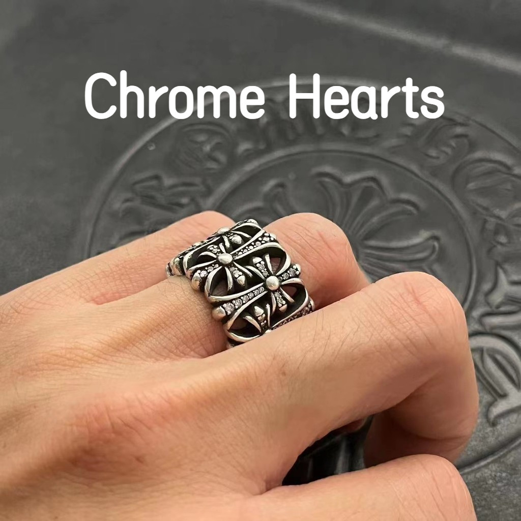Chrome Hearts 克羅心 925純銀戒指 鑲鑽墓葬十字架戒指男女 做舊復古嘻哈朋克CJ084