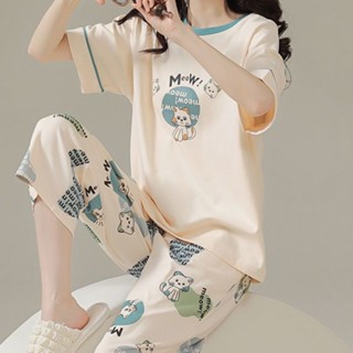 100%純棉睡衣女 夏天新款短袖七分褲套裝春秋冬季寬鬆家居服可外穿
