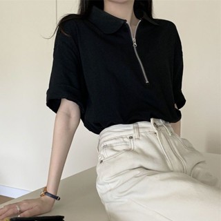 設計感小眾polo領拉鏈短袖t恤女2025年夏季新款法式寬松正肩上衣 短袖polo衫 polo領短袖 大碼女裝上衣