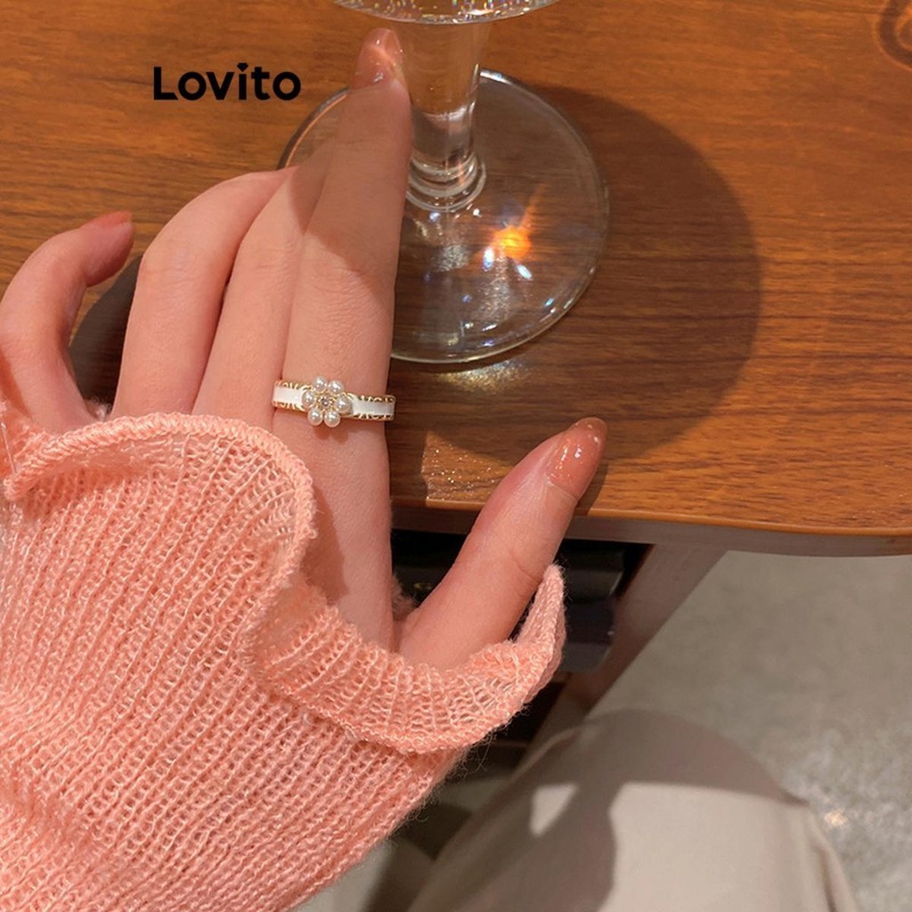Lovito 女士休閒花卉花朵珍珠戒指 LFA24103