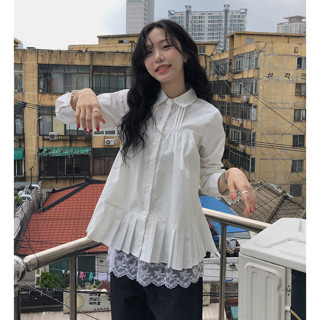 ˏˋ - ̗̀ 🌷⛅️ ̖́‎韓版 翻領長袖百褶褶皺拼接長袖襯衫 女生上衣