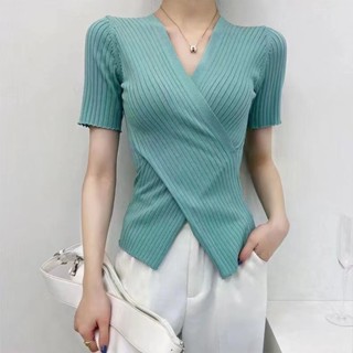 Balamy 不規則交叉針織冰絲短袖女夏新款打底V領百搭純色上衣T恤女
