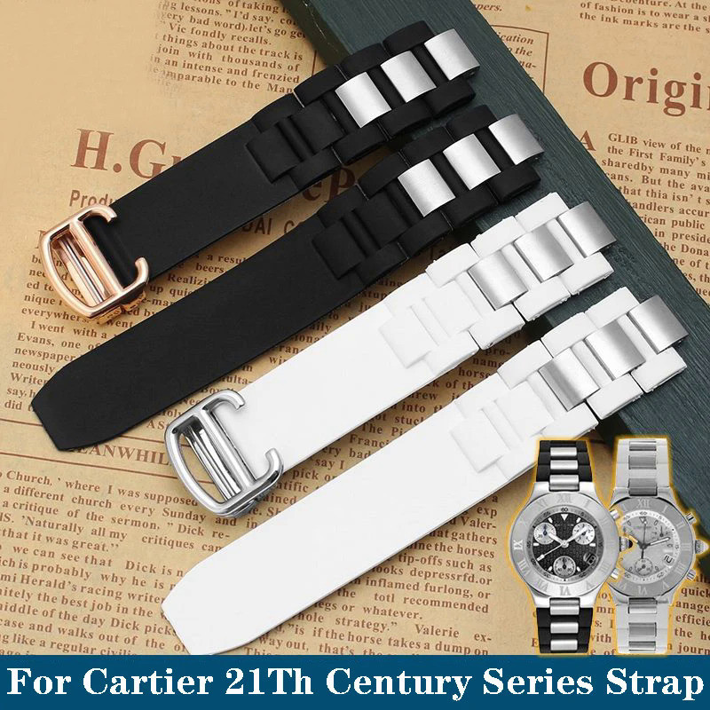 卡地亞錶帶 21 世紀系列白色黑色不銹鋼橡膠矽膠錶帶男士女士手鍊 20 * 10 毫米
