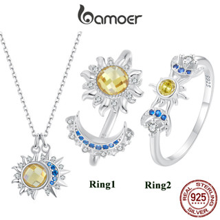 Bamoer 925 純銀情人節情侶風格首飾套裝月亮和太陽設計項鍊戒指女士禮物