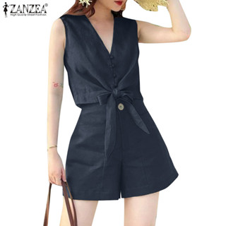 Zanzea 女式韓版 V 領裝飾鈕扣無袖下擺領帶拉鍊口袋上衣短褲