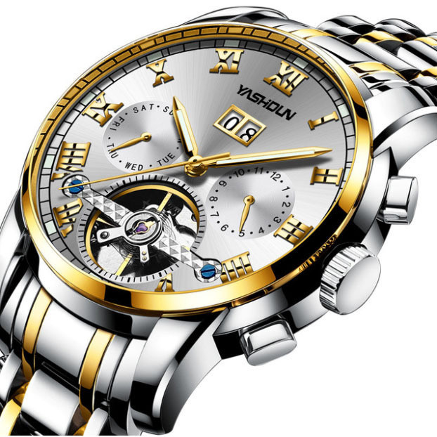 yashidun品牌手錶 5023 多功能 銨空全自動機械手錶 防水 日月星辰 鋼帶 高級男士手錶