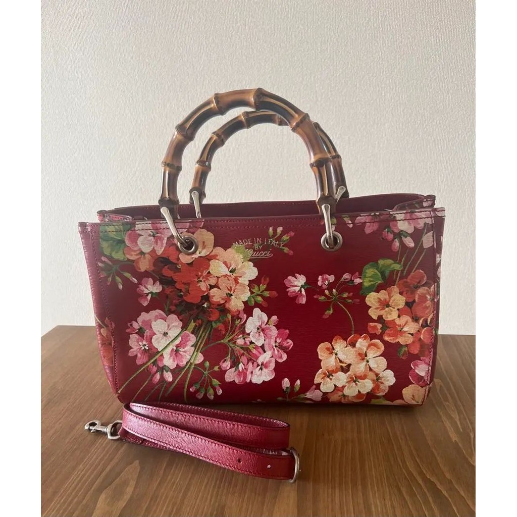 GUCCI 古馳 托特包 竹節系列 藍色 花卉圖案 2way mercari 日本直送 二手