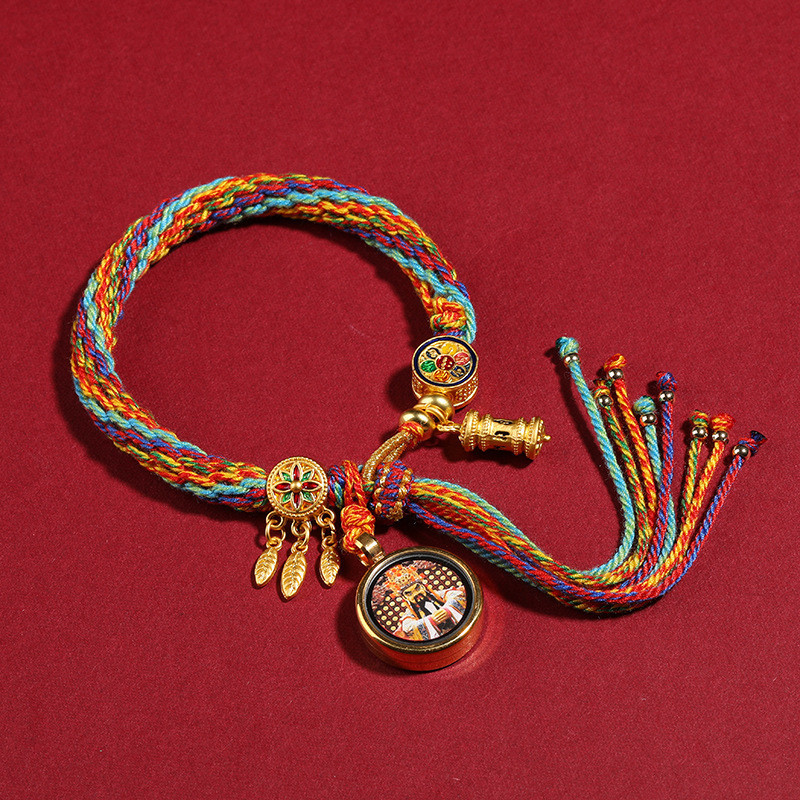 五路手搓文唐卡編織藏式財神棉繩珠基拉姆手繩綠度母手鍊
