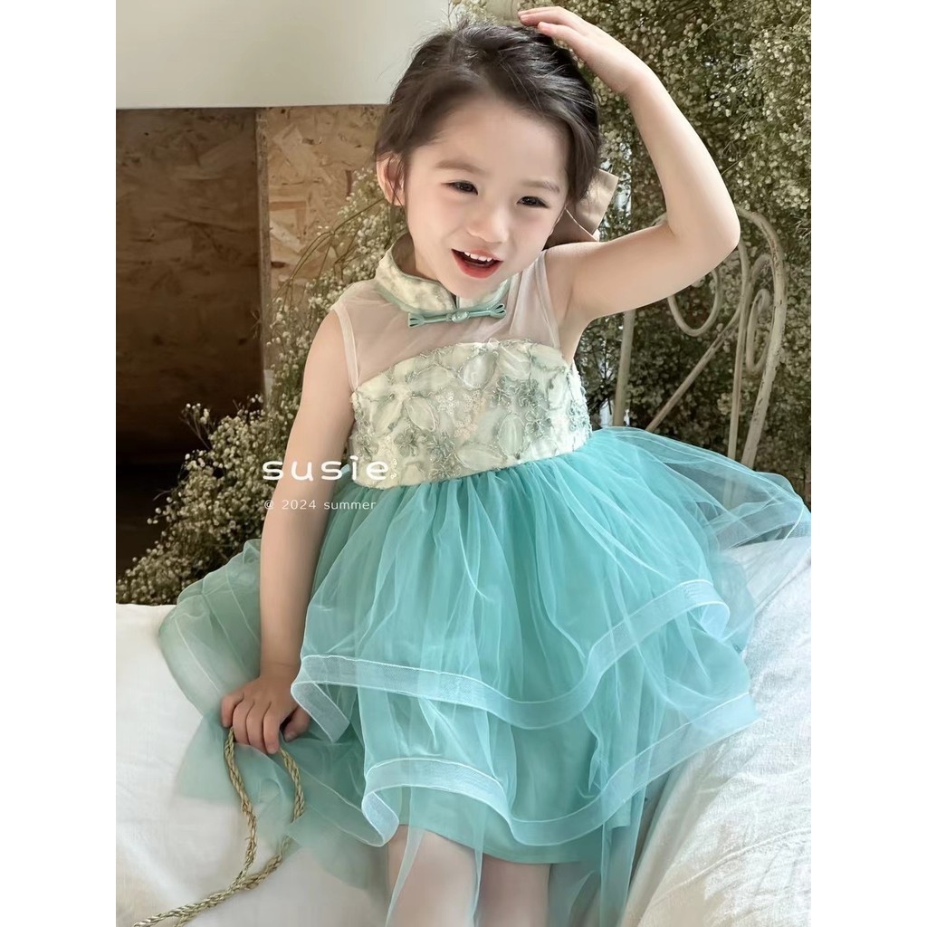 ✨HIKIDS✨女童新中式洋裝 2024夏季新品童裝洋氣無袖洋裝 女寶旗袍蓬蓬公主裙