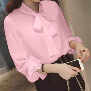 2024早春新款雪紡衫女 韓版休閒百搭七分袖襯衫 蝴蝶結公主袖雪紡上衣 系帶襯衣 純色氣質小衫 大尺碼上衣