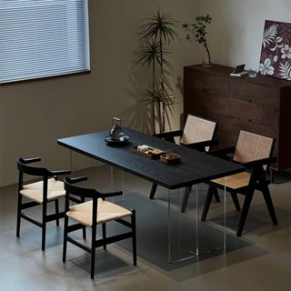 『One home』輕奢亞克力懸浮餐桌長方形實木黑色辦公桌家用書桌客廳茶桌椅組合