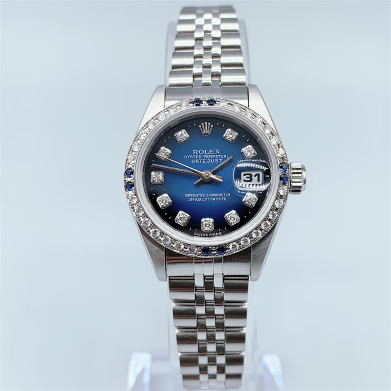 稀有漸變藍Rolexx Log 後鑲鑽自動機械女表69174女士腕錶