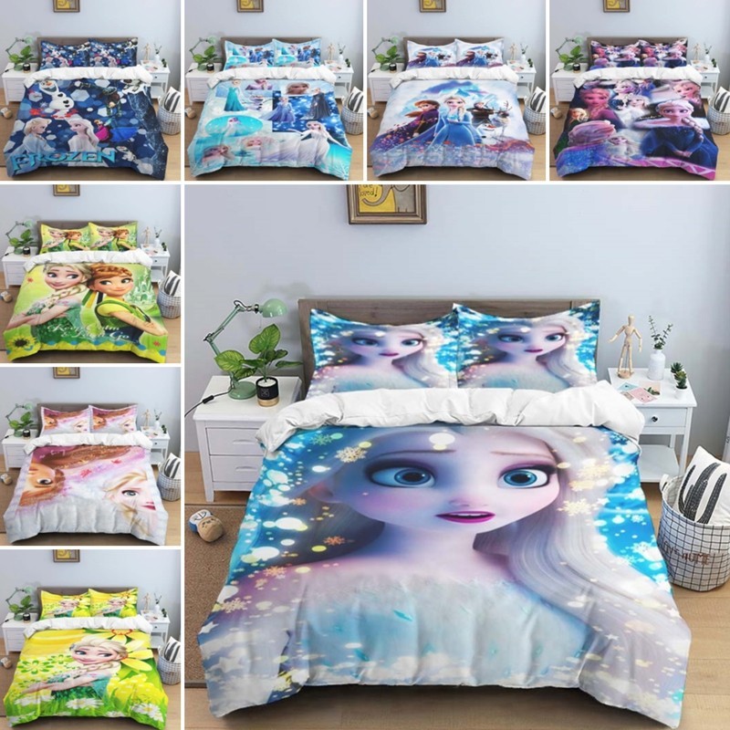迪士尼卡通 3D 列印床上用品套裝《冰雪奇緣》艾莎安娜公主羽絨被套枕套家用紡織品女孩禮物