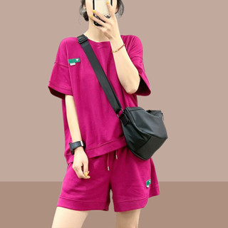 【YG】M-4XL夏季新款圓領素色短袖休閒運動套裝 女裝 純棉 洋裝 套裝 短袖上衣 寬鬆短袖短褲 運