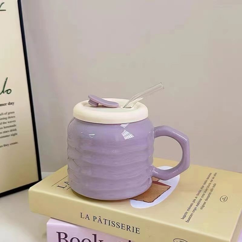 紫色奶油情侶杯  芋泥奶fufu小紅書 帶蓋杯陶瓷 吸管杯水杯   啵啵 馬克杯 RRHK