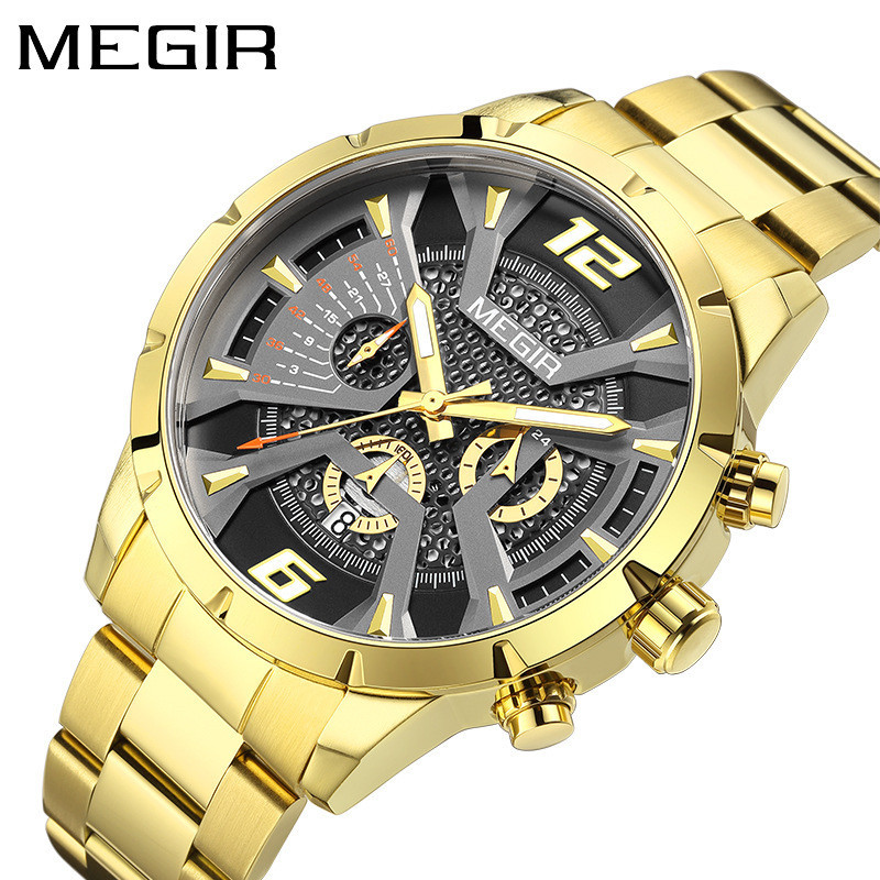 MEGIR新款男士手錶  鋼帶三眼防水多功能時尚商務夜光鏤空品牌男士石英手錶 2221G