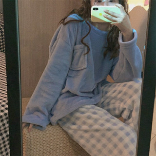 韓版睡衣女冬季法蘭絨刷毛加厚珊瑚絨網紅風可外穿寬鬆家居服套裝 冬季睡衣 加厚保暖 寬鬆睡衣 甜美可