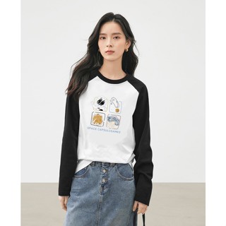 【臺灣出貨】XH 純棉打底衫女 秋季新款黑白撞色插肩袖寬鬆百搭長袖T恤 印花T恤 大碼上衣 EV2R
