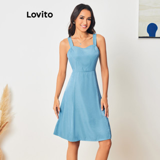 Lovito 女式休閒素色結構線條牛仔連身裙 LBL08083