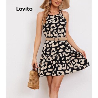 Lovito 大尺碼波西米亞豹紋女式抽繩洋裝 LNL43053