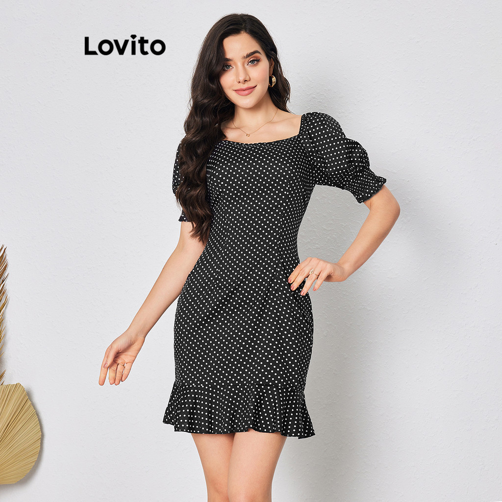 Lovito 女裝優雅點點荷葉邊下擺連身裙 LBL08223