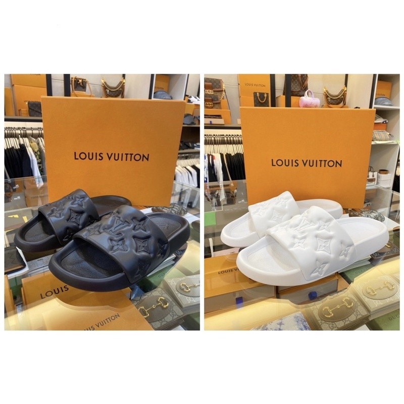 全新  Louis Vuitton LV 黑/白老花壓印巨人拖鞋