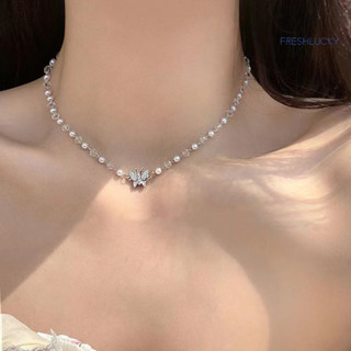 [lucky]珍珠流蘇頸鍊網紅氣質設計感蕾絲蝴蝶鎖骨鏈項鍊