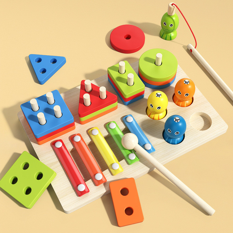 釣魚套柱敲琴 三合一認知色彩形狀積木 音樂啟蒙玩具 益智早教玩具